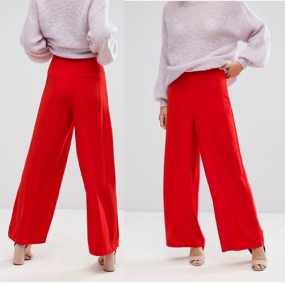 Warehouse High Waist Wide Leg Trousers Red Women's US 4 Polyester - Picture 1 of 13